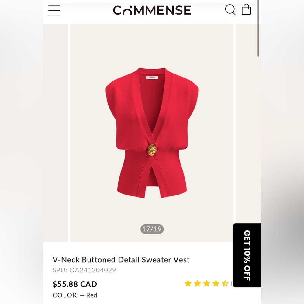 Commense Red V-Neck Buttoned Sweater Vest